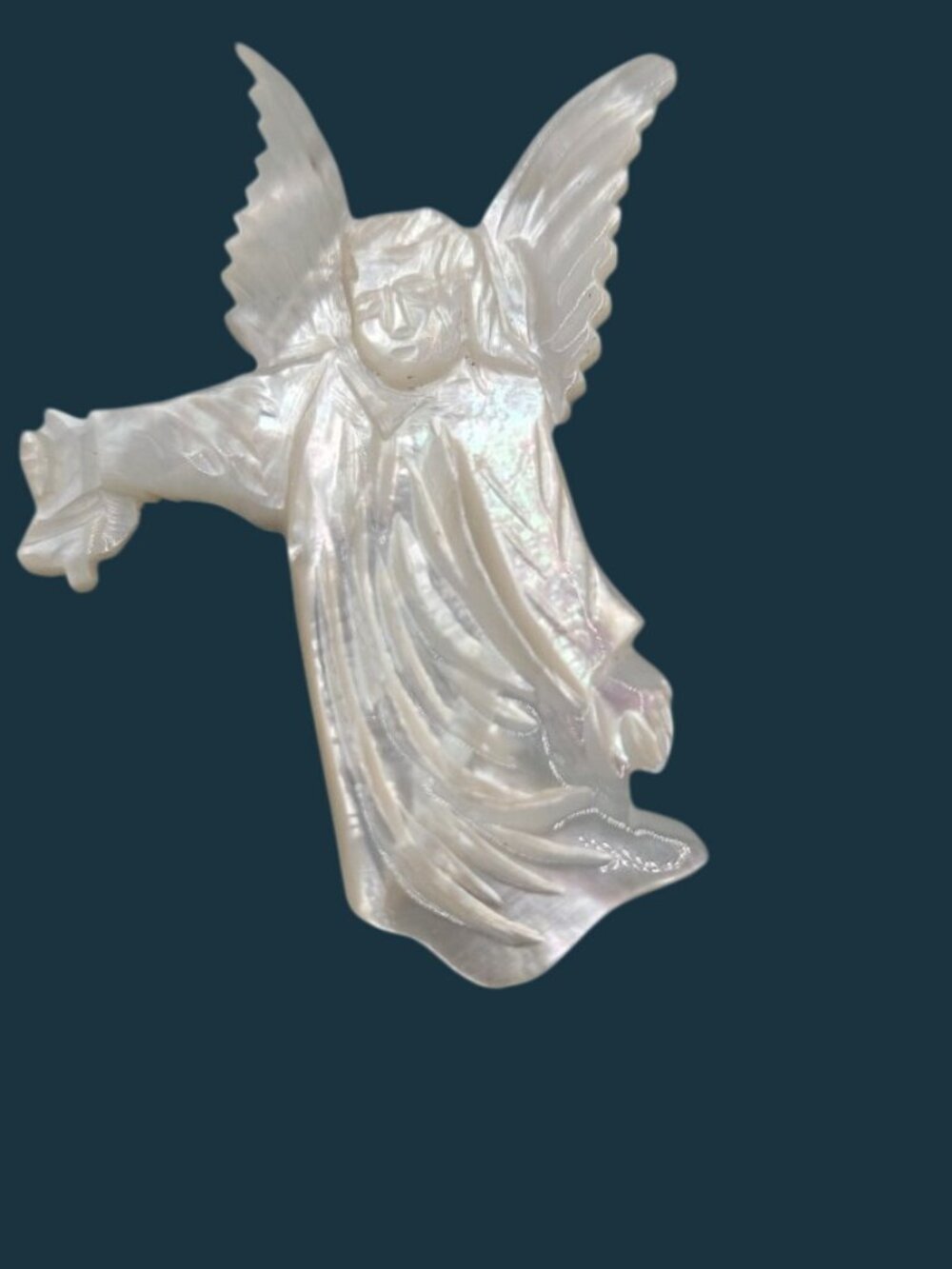 Vintage Hand Carved Mother Of Pearl Guardian Angel Brooch Detailed Wings Robe